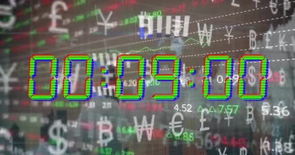 Animatie Van Diagrammen Valutasymbolen Aandelenmarkt Met Aftelling Boven Stadsgezicht Global — Stockvideo