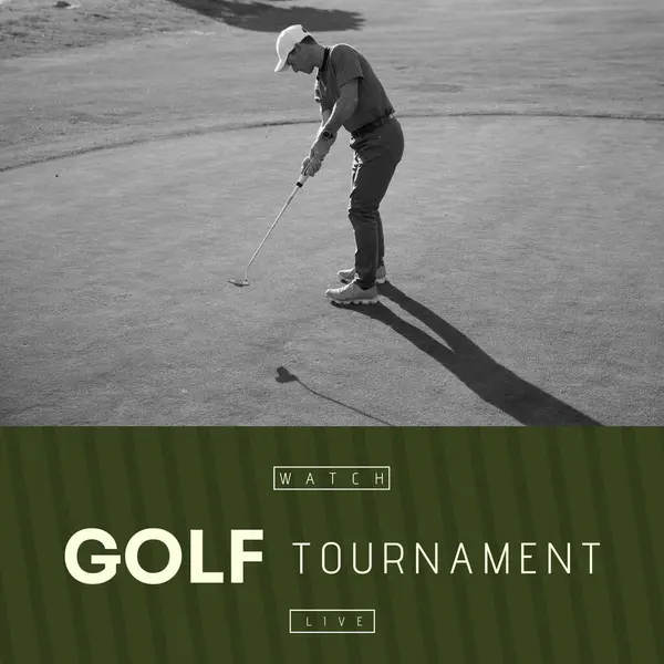 Composition of golf tournament text over caucasian man playing golf. Golf tournament, competition and sports concept digitally generated image.