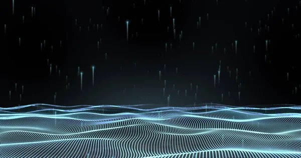 Image of glowing blue mesh of connections waving on black background. Global connections, computing and data processing concept digitally generated image.