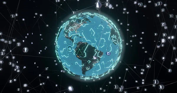 Image of glowing blue mesh of connections with icons over globe on black background. Global connections, computing and data processing concept digitally generated image.