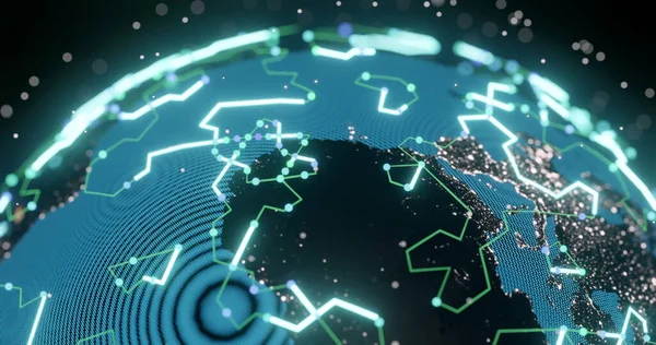 Image of glowing blue mesh of connections spinning over globe and black background. Global connections, computing and data processing concept digitally generated image.