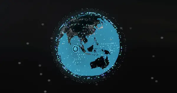Image of glowing blue mesh of connections spinning over globe on black background. Global connections, computing and data processing concept digitally generated image.