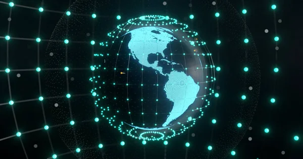 Image of glowing blue mesh of connections spinning over globe on black background. Global connections, computing and data processing concept digitally generated image.