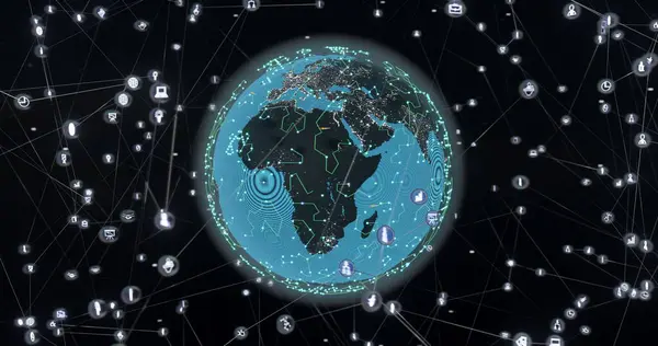 Image of glowing blue mesh of connections with icons over globe on black background. Global connections, computing and data processing concept digitally generated image.