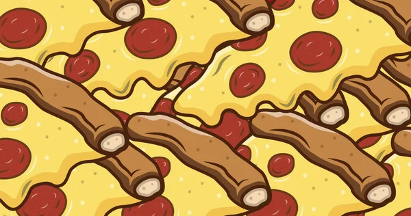A cartoon illustration of pepperoni pizza, with copy space. The image features cheese, pepperoni, and crust, evoking a sense of hunger and craving for Italian cuisine.