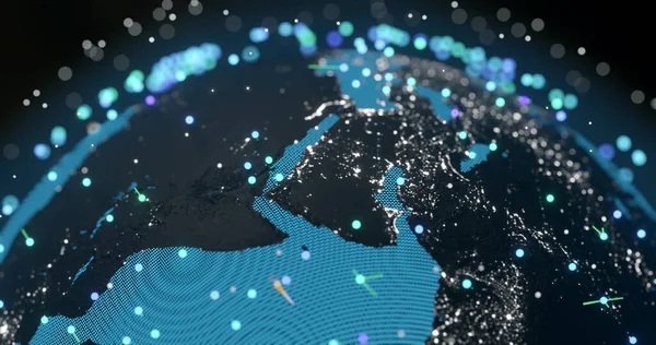 Image of glowing blue mesh of connections spinning over globe and black background. Global connections, computing and data processing concept digitally generated image.