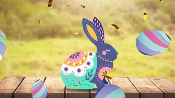 Animação Confete Sobre Coelho Colorido Com Ovos Páscoa Mesa Madeira — Vídeo de Stock