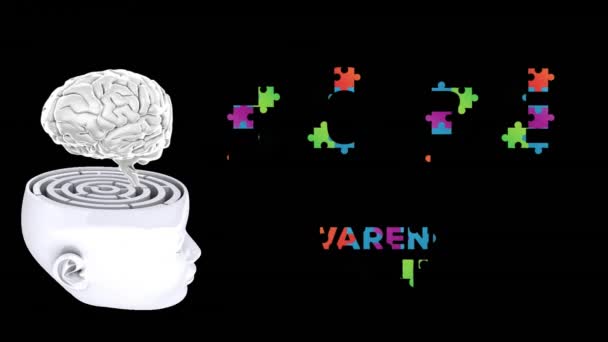 Animáció Puzzle Darabok Alkotó Autizmus Szöveg Emberi Agy Labirintussal Autizmus — Stock videók