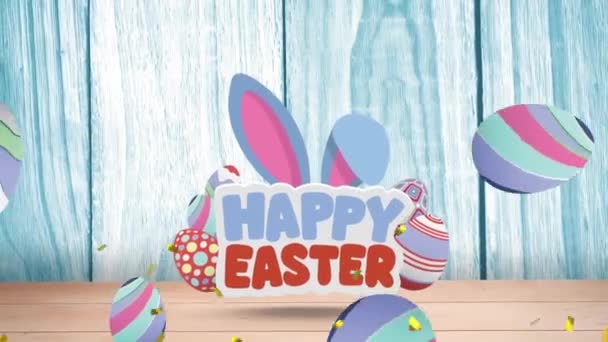 Mutlu Paskalya Metninin Üzerinde Konfeti Animasyonu Ahşap Arka Planda Yumurtalar — Stok video