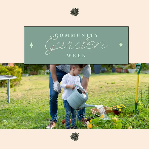 Composition of community garden week text over caucasian boy with watering can gardening. Community garden week, gardening and leisure time concept digitally generated image.