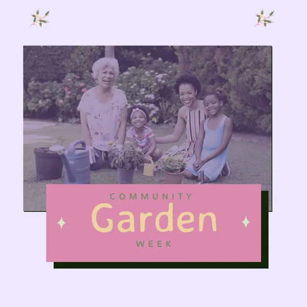 Composition of community garden week text over african american family gardening. Community garden week, gardening and leisure time concept digitally generated image.
