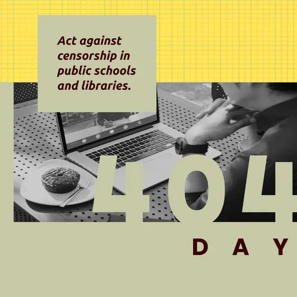 Composition of 404 day text over caucasian man using laptop on yellow and green background. 404 day and censorship concept digitally generated image.