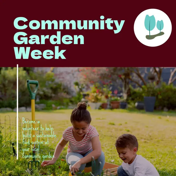 Composition of community garden week text over caucasian boy and girl gardening. Community garden week, gardening and leisure time concept digitally generated image.