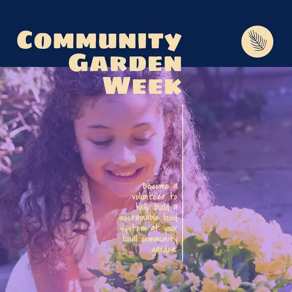 Composition of community garden week text over biracial girl with flowers in garden. Community garden week, gardening and leisure time concept digitally generated image.