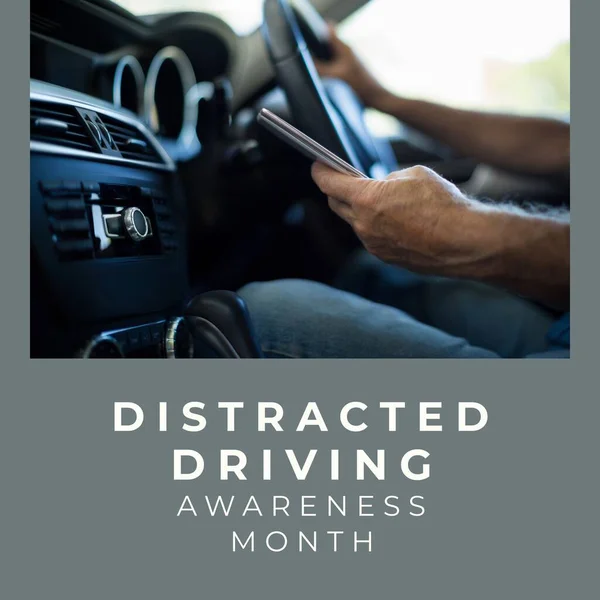 Composition of distracted driving awareness month text over caucasian man using smartphone in car. Distracted driving awareness month and safety concept digitally generated image.