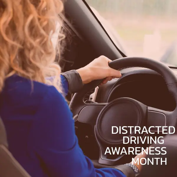 Composition of distracted driving awareness month text over caucasian woman driving car. Distracted driving awareness month and safety concept digitally generated image.