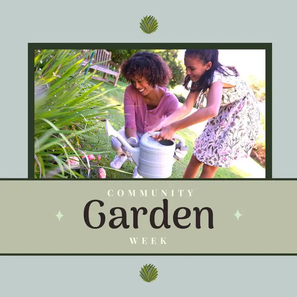 Composition of community garden week text over african american woman with daughter gardening. Community garden week, gardening and leisure time concept digitally generated image.
