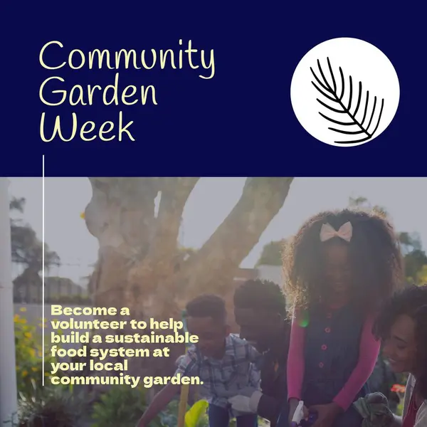 Composition of community garden week text over african american couple with kids gardening. Community garden week, gardening and leisure time concept digitally generated image.