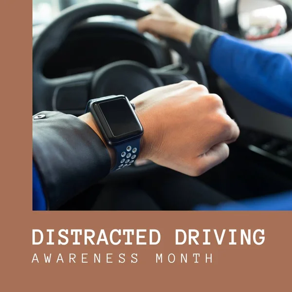 Composition of distracted driving awareness month text over caucasian woman using smartwatch in car. Distracted driving awareness month and safety concept digitally generated image.