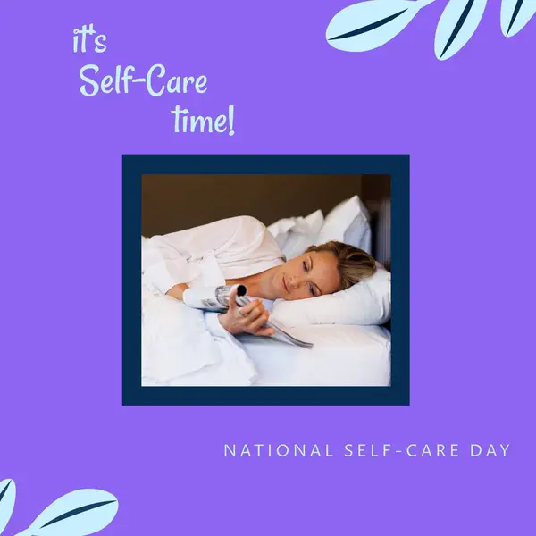 Composition of it\'s self-care time text over caucasian woman lying on bed on purple background. National self-care day, health and beauty concept digitally generated image.