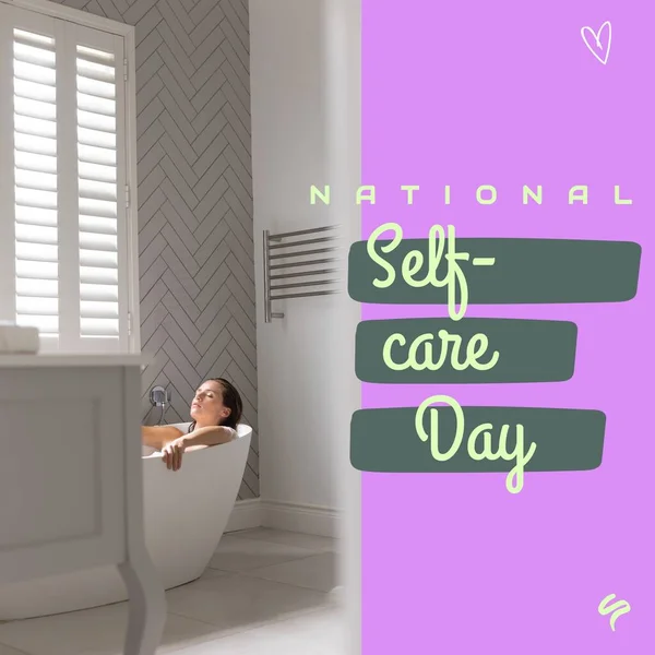 Composition of national self-care day text over caucasian woman taking a bath in bathroom. National self-care day, health and beauty concept digitally generated image.