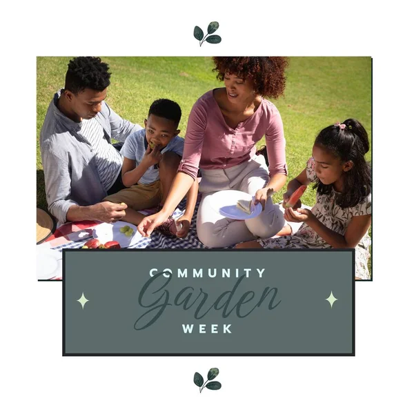Composition of community garden week text over african american family in garden. Community garden week, gardening and leisure time concept digitally generated image.
