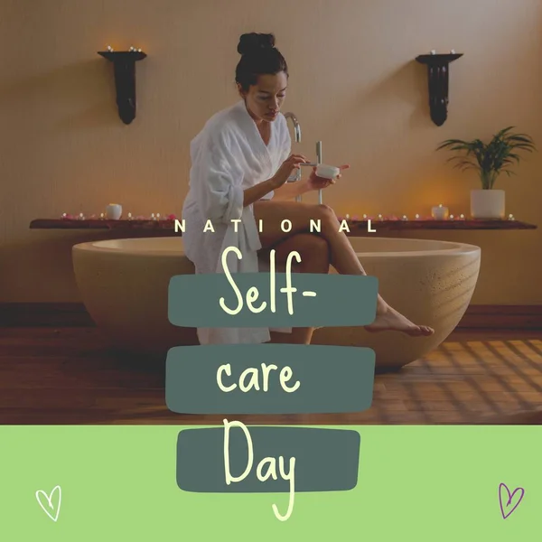 Composition of national self-care day text over biracial woman with vitiligo applying cream. National self-care day, health and beauty concept digitally generated image.