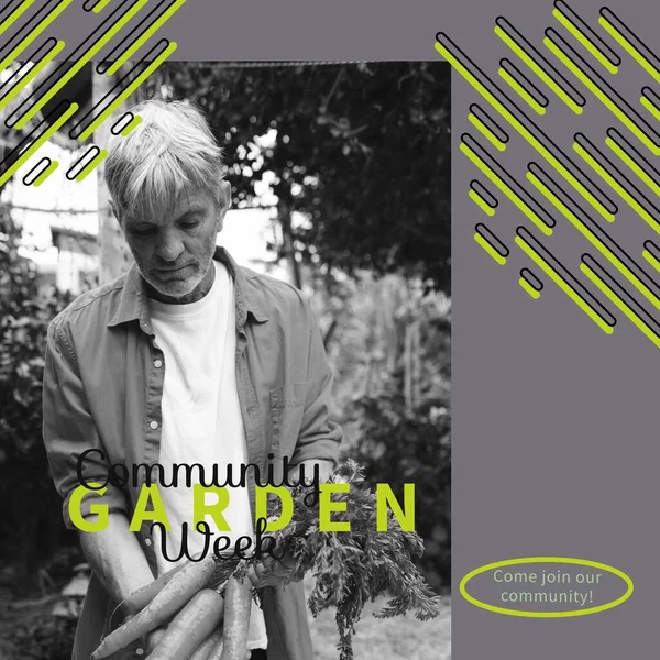 Composition of community garden week text over caucasian man gardening. Community garden week, gardening and leisure time concept digitally generated image.