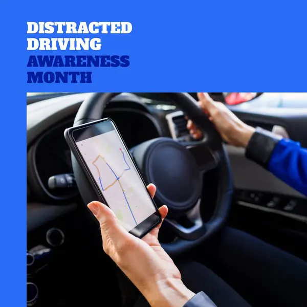 Composition of distracted driving awareness month text over caucasian woman using smartphone in car. Distracted driving awareness month and safety concept digitally generated image.