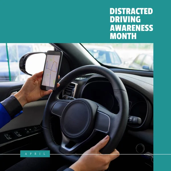Composition of distracted driving awareness month text over caucasian woman using smartphone in car. Distracted driving awareness month and safety concept digitally generated image.