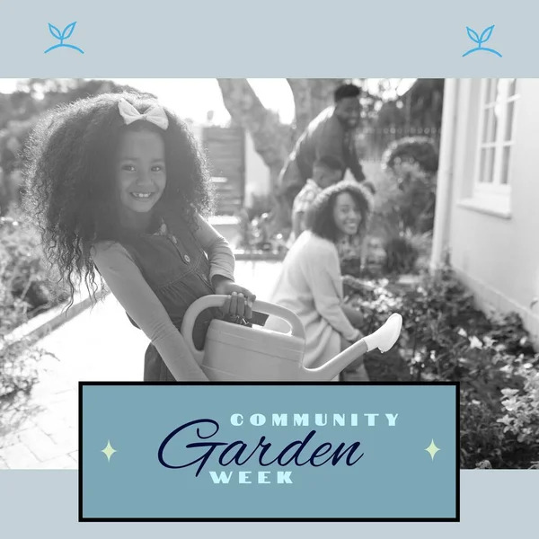 Composition of community garden week text over african american girl with watering can gardening. Community garden week, gardening and leisure time concept digitally generated image.