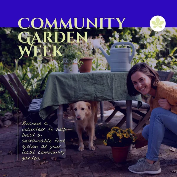 Composition of community garden week text over caucasian woman gardening. Community garden week, gardening and leisure time concept digitally generated image.