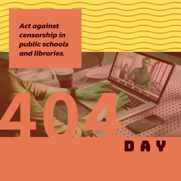 Composition of 404 day text over caucasian man using laptop on yellow and orange background. 404 day and censorship concept digitally generated image.