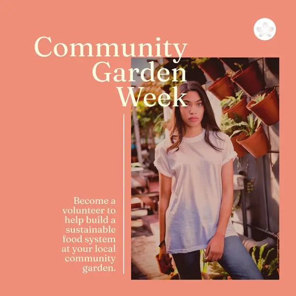 Composition of community garden week text over biracial woman gardening. Community garden week, gardening and leisure time concept digitally generated image.