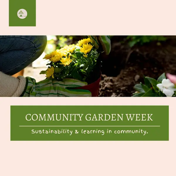 Composition of community garden week text and woman gardening. Community garden week, gardening and leisure time concept digitally generated image.