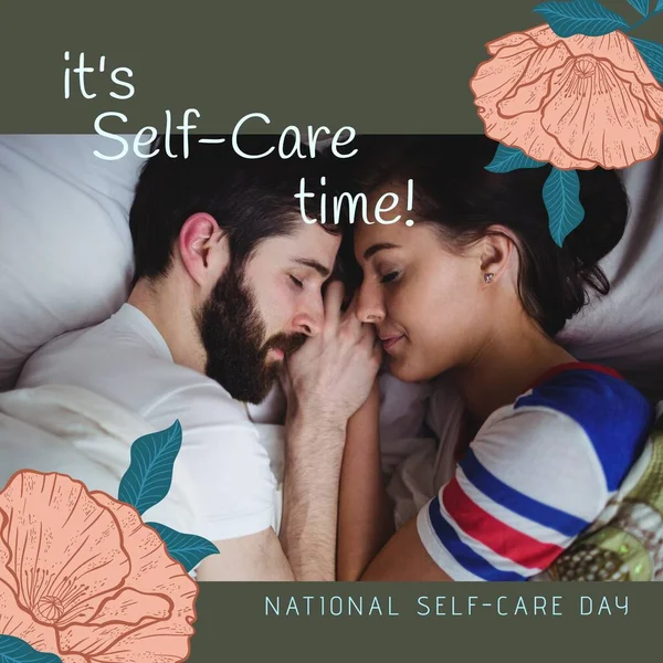 Composition of it\'s self-care time text over diverse couple sleeping in bed on black background. National self-care day, health and beauty concept digitally generated image.