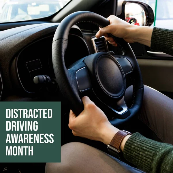 Composition of distracted driving awareness month text over caucasian man driving car. Distracted driving awareness month and safety concept digitally generated image.