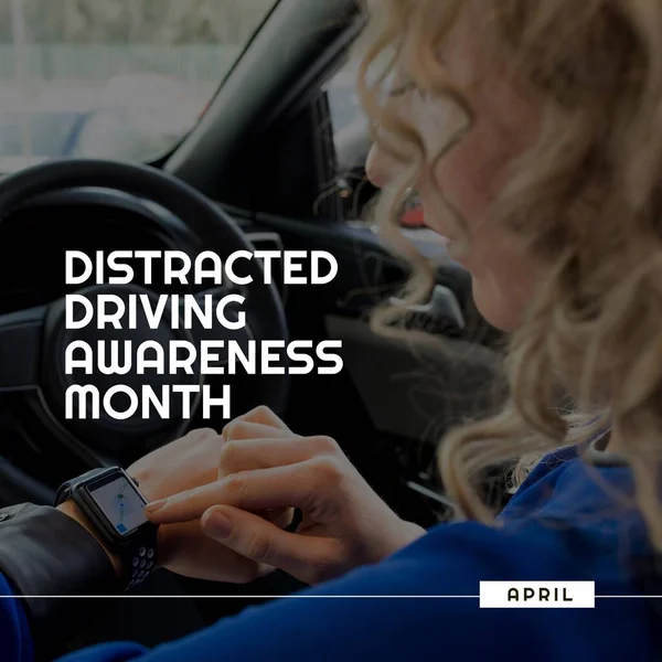 Composition of distracted driving awareness month text over caucasian woman using smartwatch in car. Distracted driving awareness month and safety concept digitally generated image.