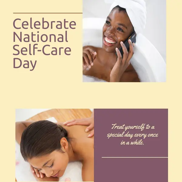 Composition of national self-care day text over diverse people taking bath and getting a massage. National self-care day, health and beauty concept digitally generated image.