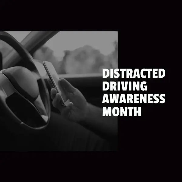 Composition of distracted driving awareness month text over caucasian man using smartphone in car. Distracted driving awareness month and safety concept digitally generated image.