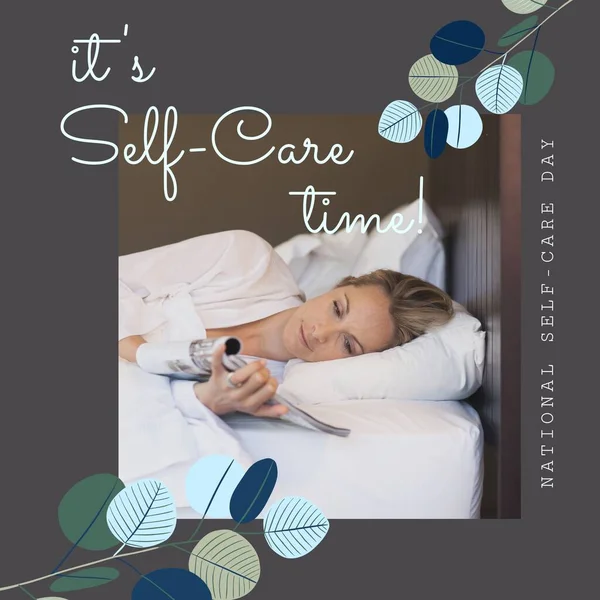 Composition of it's self-care time text over caucasian woman lying on bed on grey background. National self-care day, health and beauty concept digitally generated image.