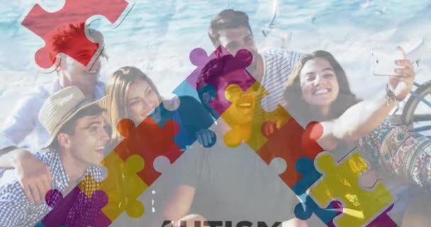 Animace Autismu Povědomí Měsíc Text Puzzle Kousky Různé Přátele Autismus — Stock video