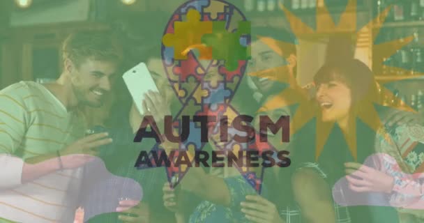 Animation Autism Awareness Month Text Puzzle Pieces Happy Diverse Friends — Stock Video