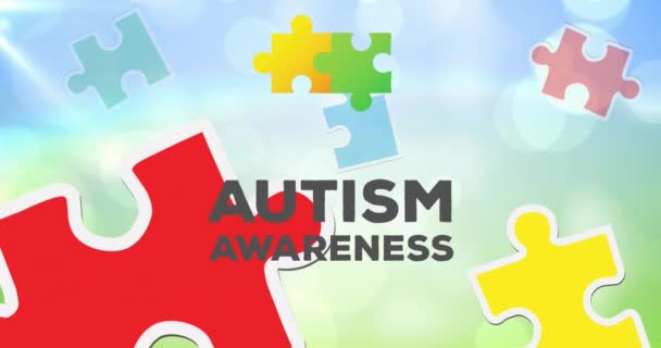 Animace Autismu Povědomí Měsíc Text Vícebarevné Puzzle Kousky Autismus Povědomí — Stock video