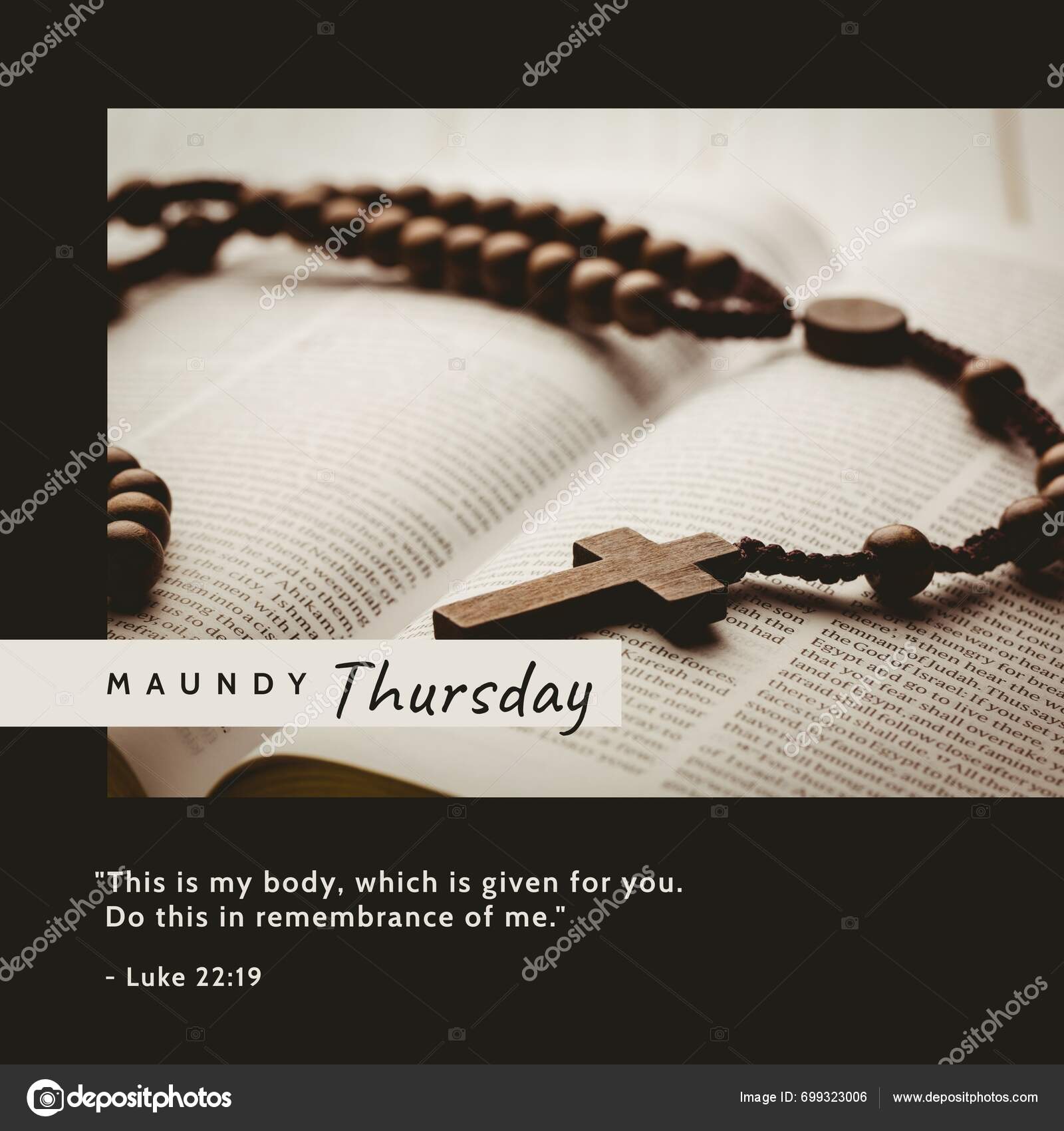 Composition Maundy Thursday Text Rosary Holy Bible Black Background 