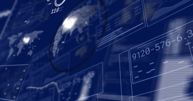 Mavi arkaplanda veri işleme resmi. Küresel iş, bilgisayar ve dijital arayüz kavramı dijital olarak oluşturulmuş görüntü.