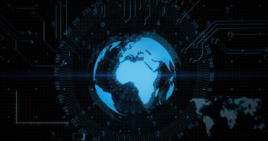 Kapsam taraması ve kara arkaplanda dünya ile veri işleme görüntüsü. Küresel iş, bilgisayar ve dijital arayüz kavramı dijital olarak oluşturulmuş görüntü.