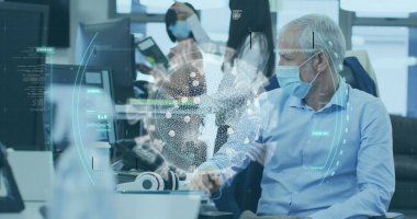 Ofisteki meslektaşlarının yüz maskesi taktığı istatistikleri gösteren dijital arayüz görüntüsü. Coronavirus covid 19 salgını sırasında sağlık ve koruma dijital olarak üretilen görüntü