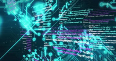 Siyah arkaplanda veri işleme resmi. Sosyal medya ve dijital arayüz konsepti dijital olarak oluşturuldu.