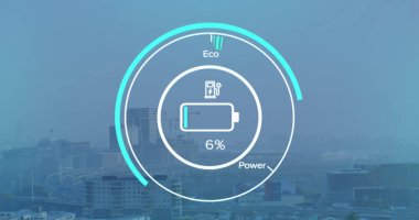Şehir manzarası üzerinde veri işleme resmi. Küresel iş, bilgisayar ve dijital arayüz kavramı dijital olarak oluşturulmuş görüntü.